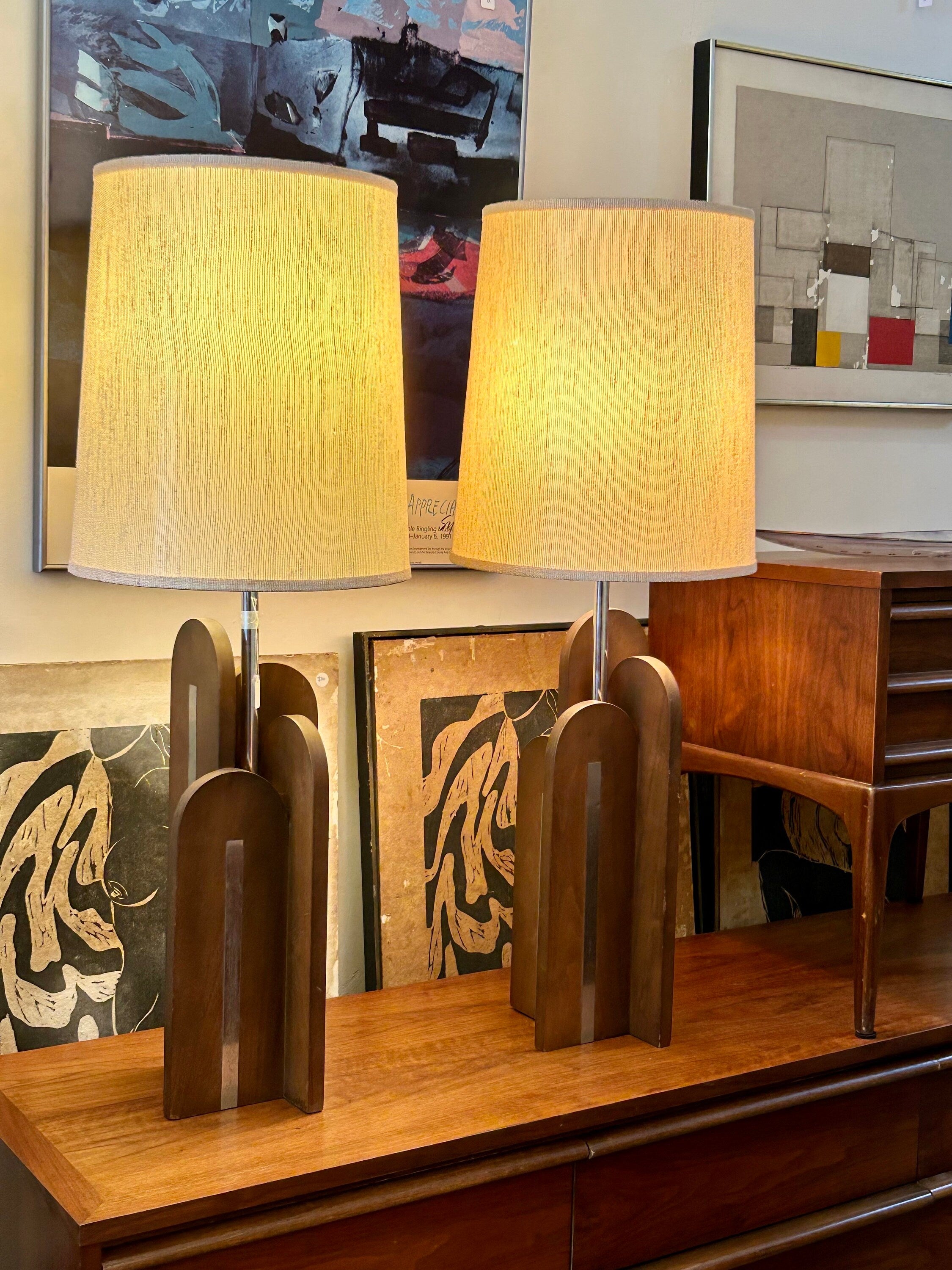 Pair of Mid Century Modern Walnut & Chrome Table Lamps