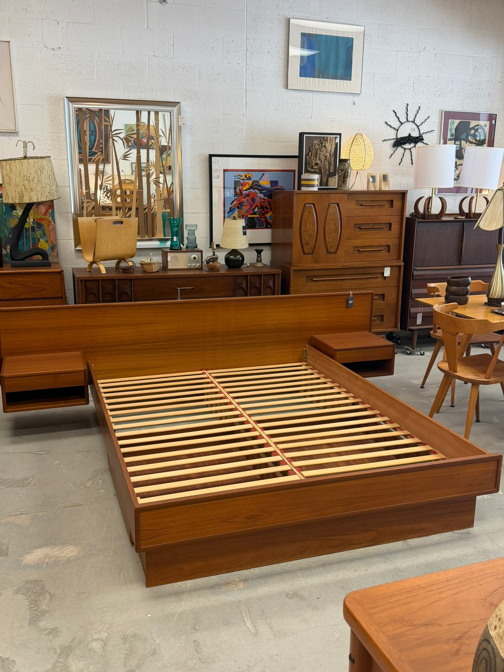 Teak Mid Century Modern Platform Queen Size Bed with Storage