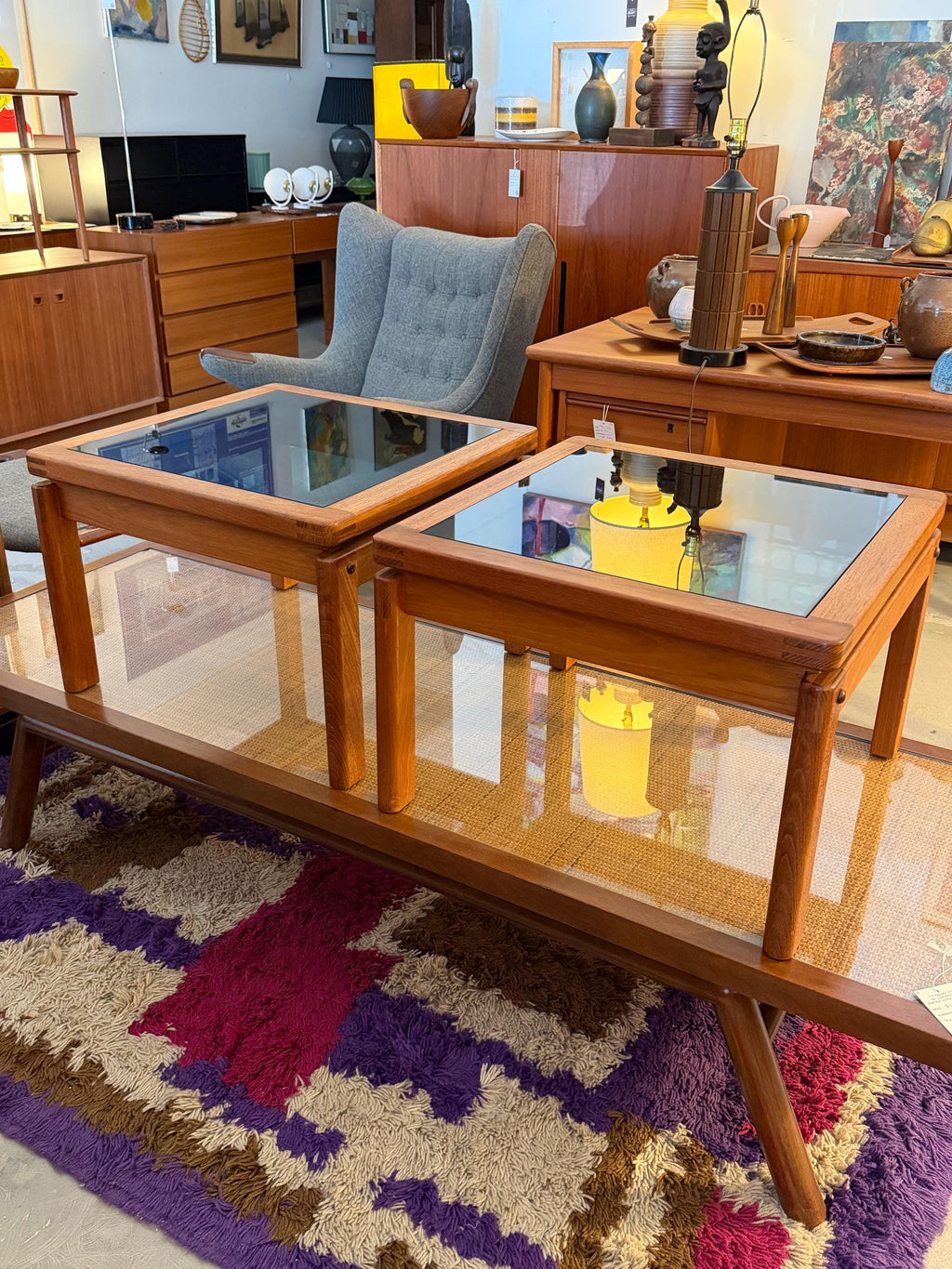 Vintage Pair of Danish Modern 1970s Teak Side Tables With Smoked Glass Tops