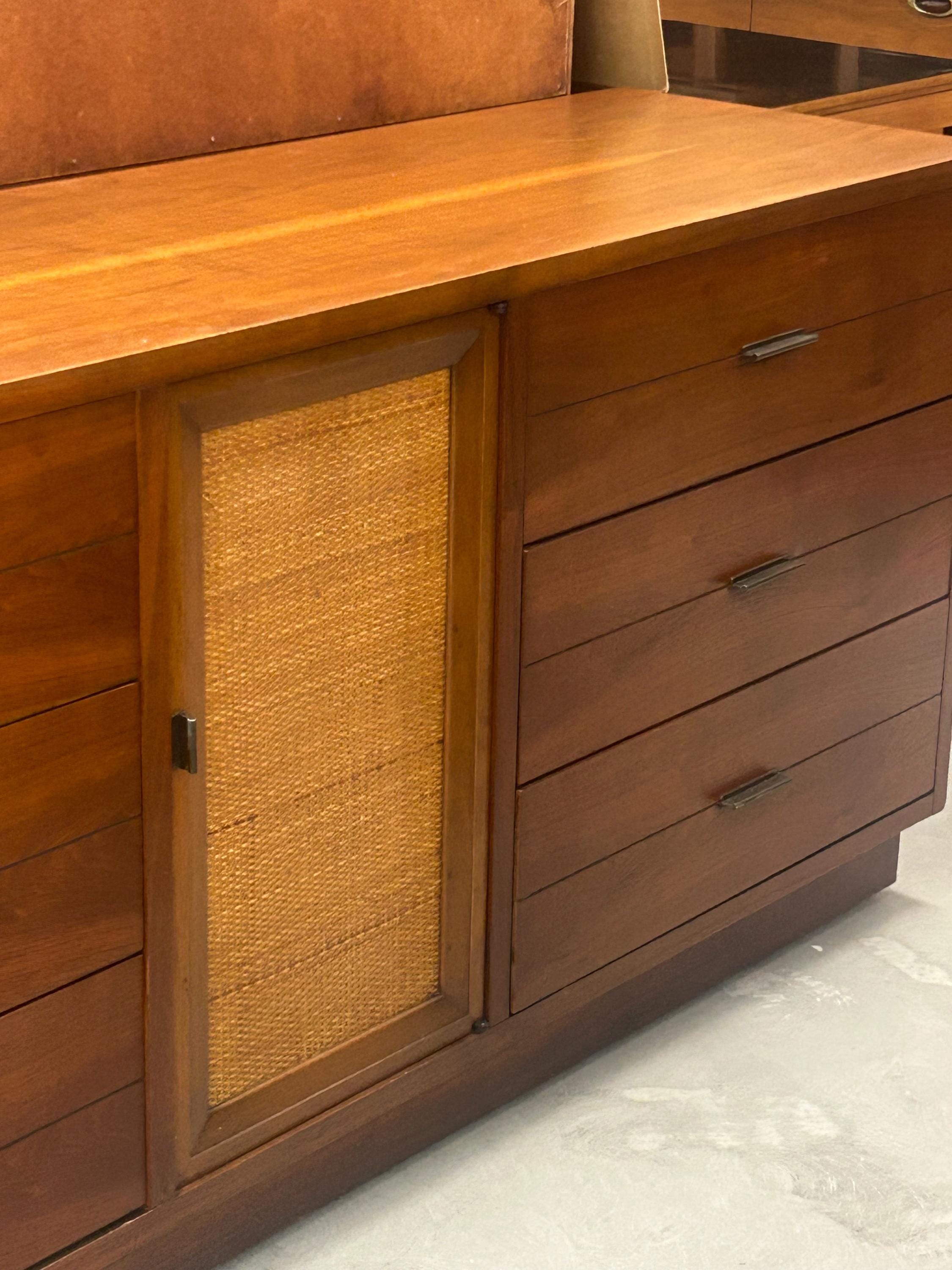 Lane Rhythm Mid Century Walnut and Cane 9 Drawer Lowboy Dresser - Vintage