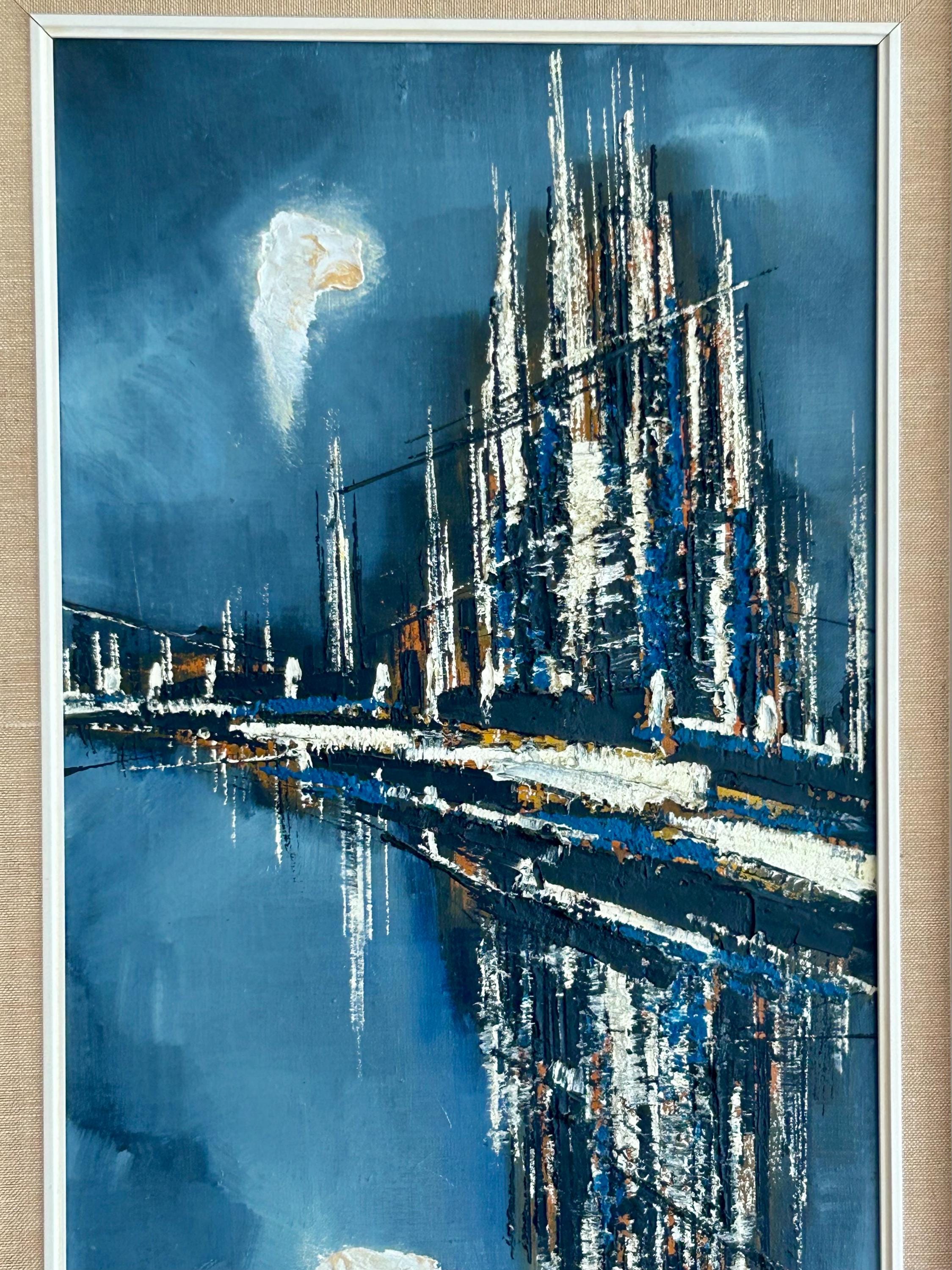 Mid Century Modern Vintage Abstract Cityscape Oil Painting Signed Walter
