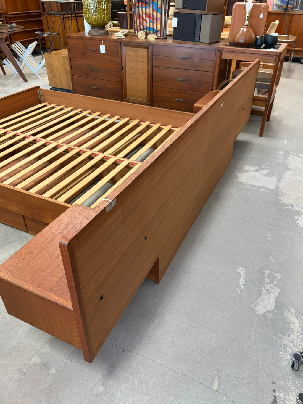 Teak Mid Century Modern Platform Queen Size Bed with Storage