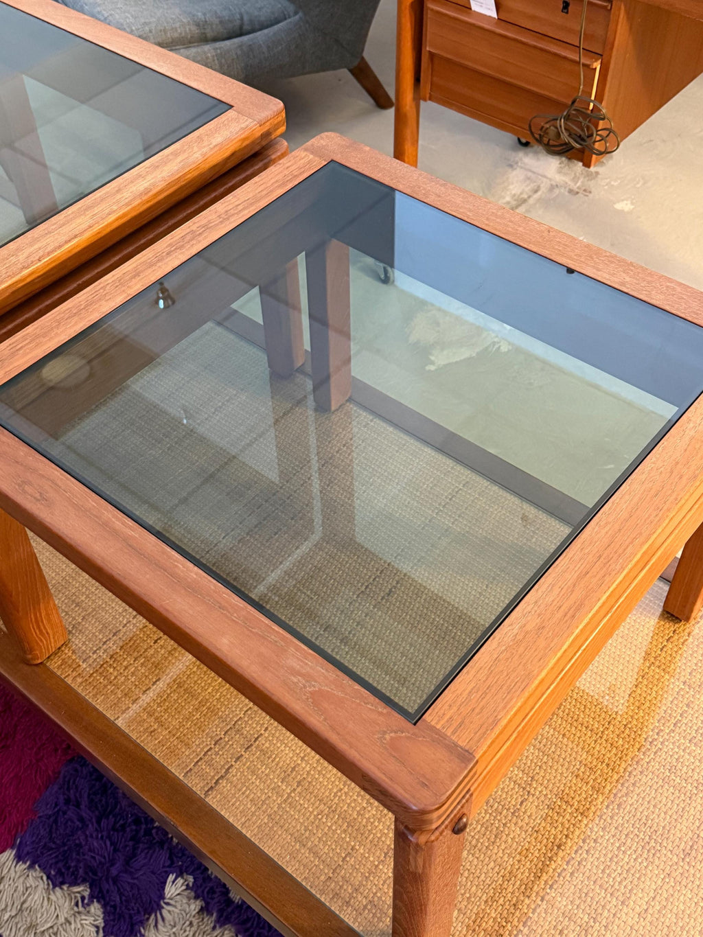 Vintage Pair of Danish Modern 1970s Teak Side Tables With Smoked Glass Tops
