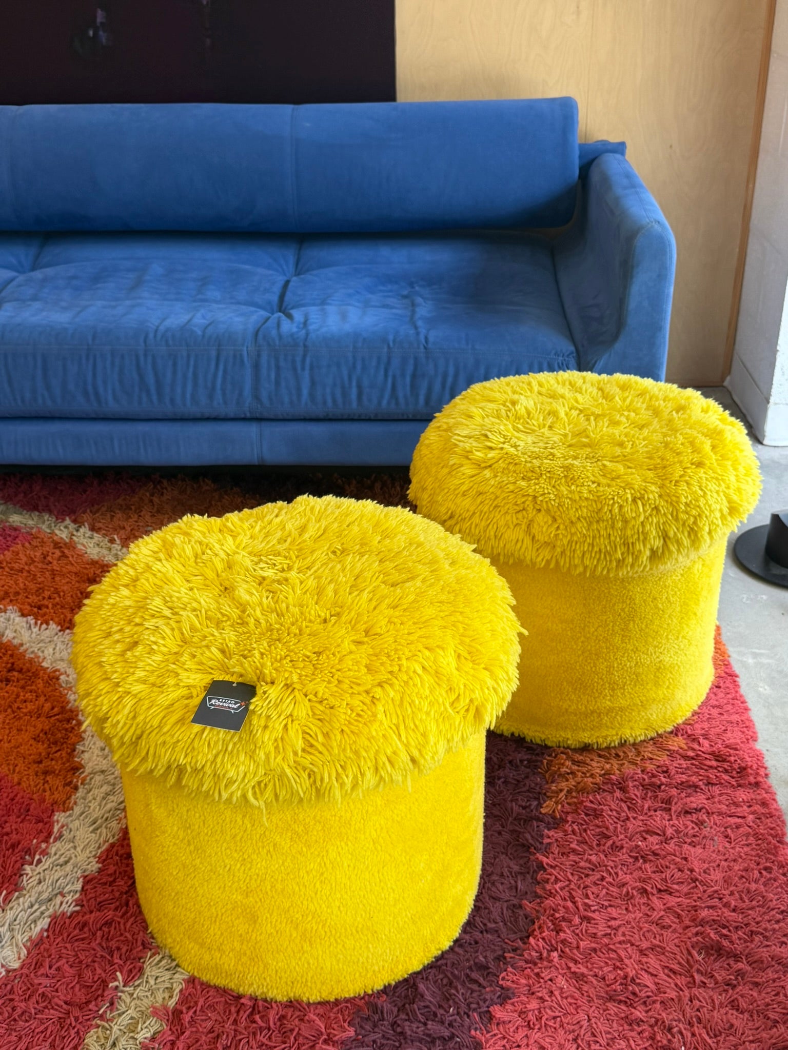 Yellow Shag Ottomans Mid Century Modern Shag Footstools