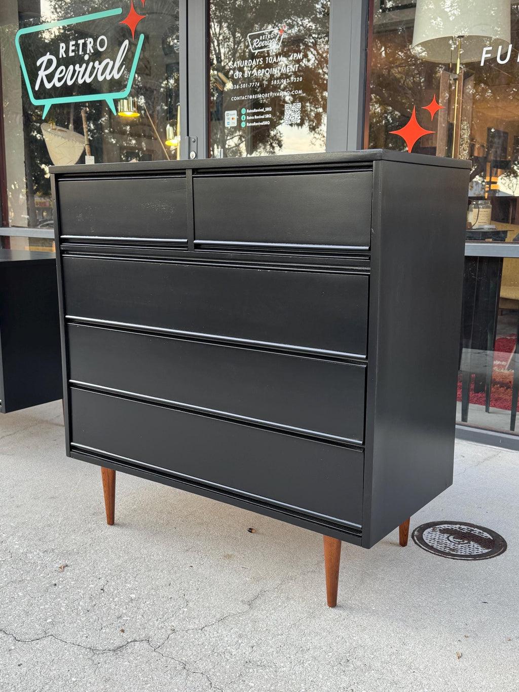 Vintage Mid Century Modern Black Lacquer Refinished Dixie Lowboy Highboy Dresser Set