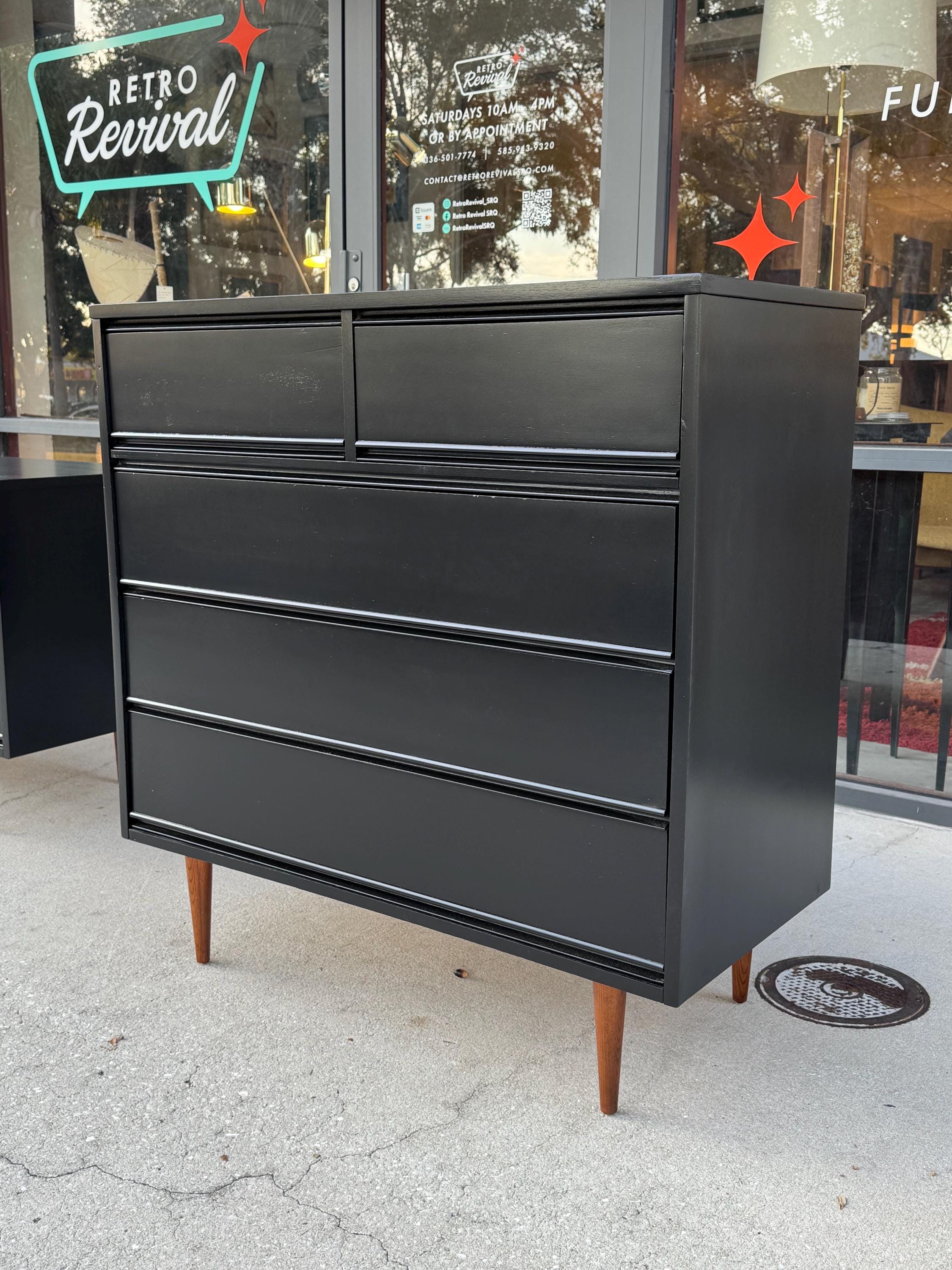 Vintage Mid Century Modern Black Lacquer Refinished Dixie Lowboy Highboy Dresser Set