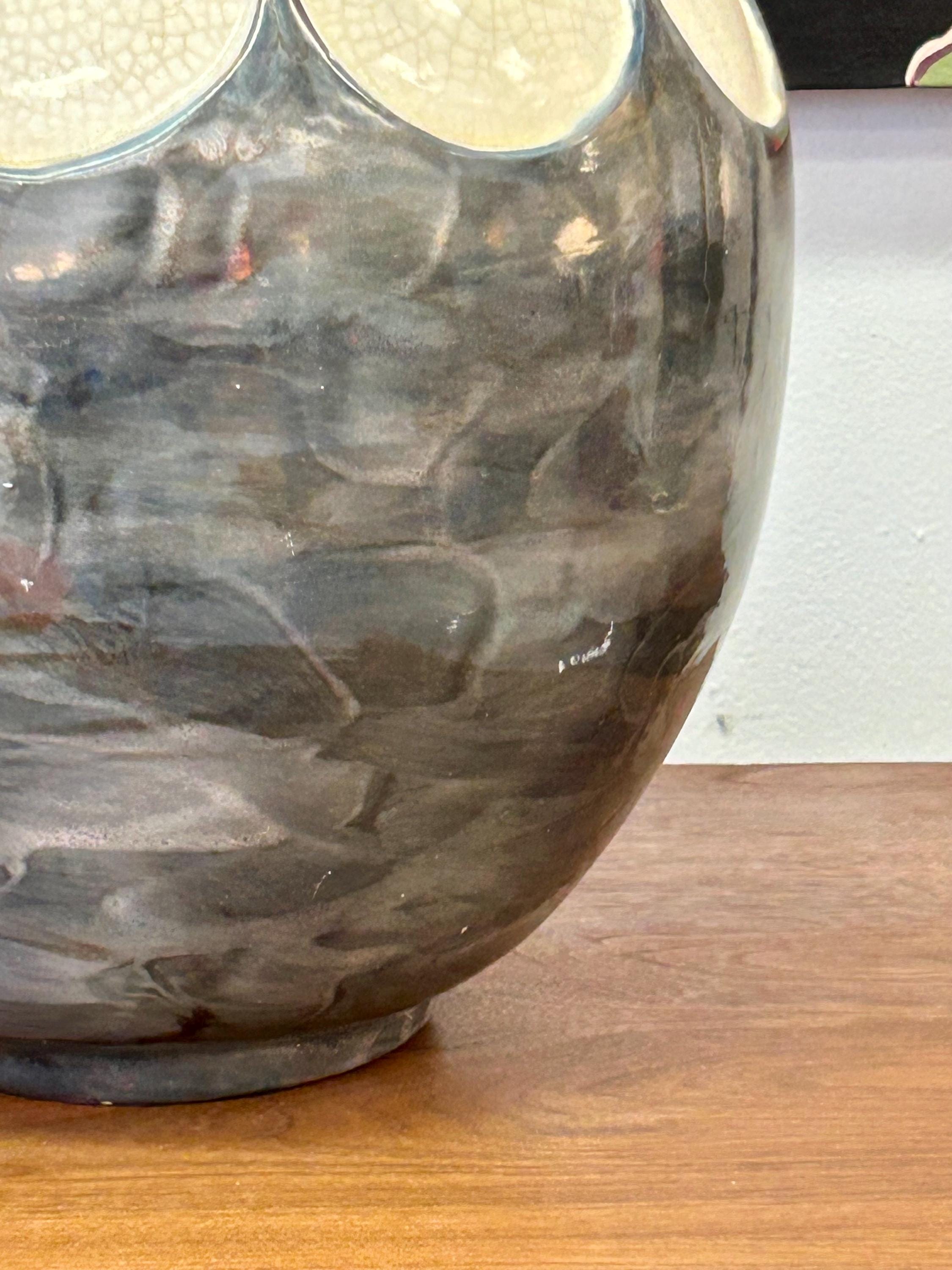 Large Gray & White Ceramic Vase Signed