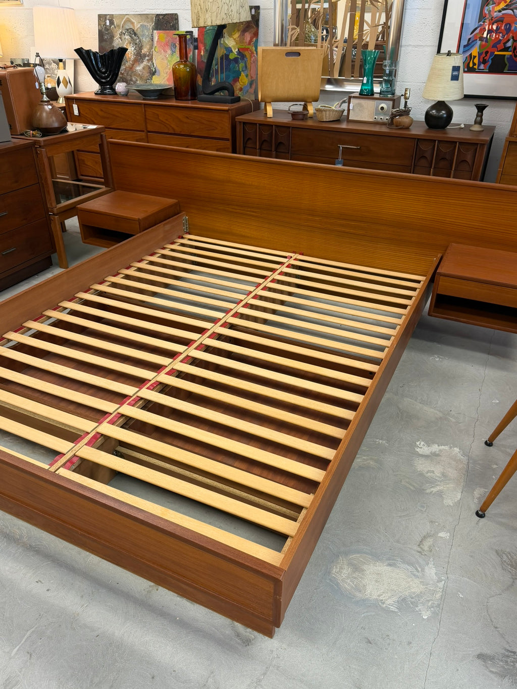 Teak Mid Century Modern Platform Queen Size Bed with Storage