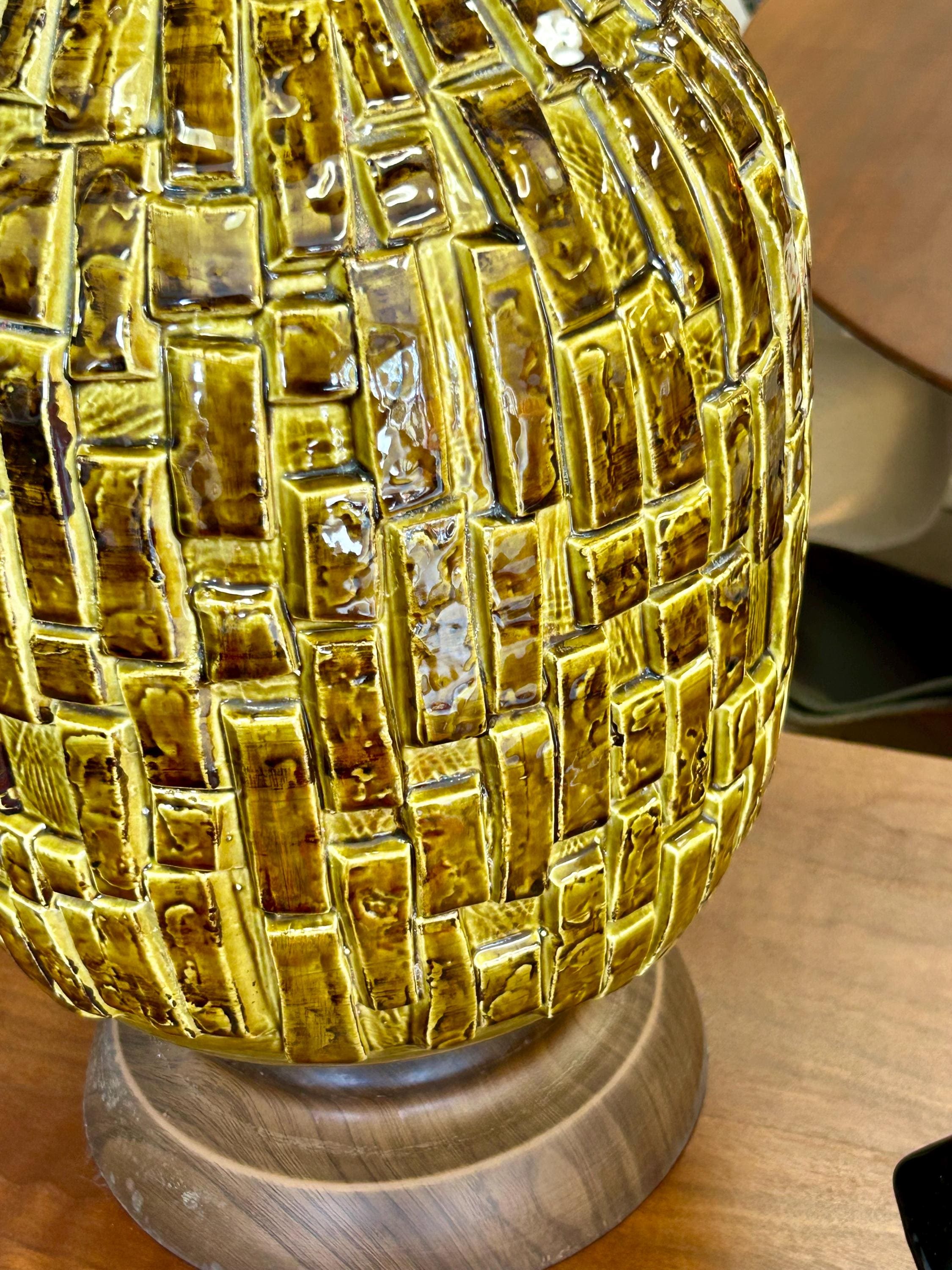 Very Large Vintage Mid Century Modern Ceramic Brutalist Green Table Lamp
