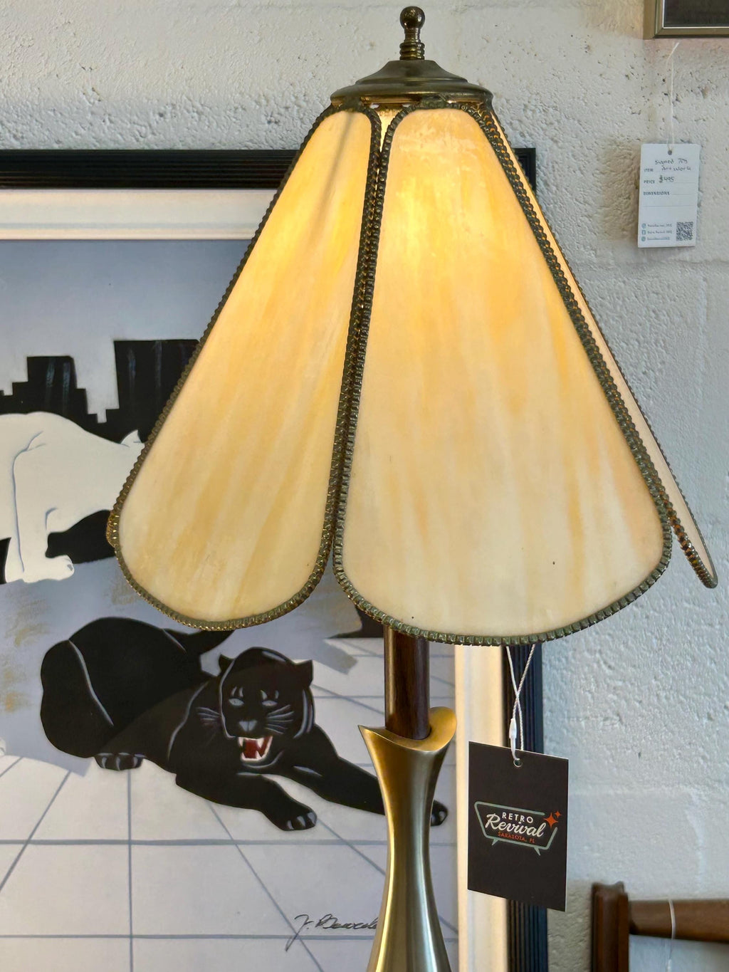 Vintage Laurel for Tony Paul Brass & Wood Table Lamp with Glass Slag Shade - Mid Century Modern