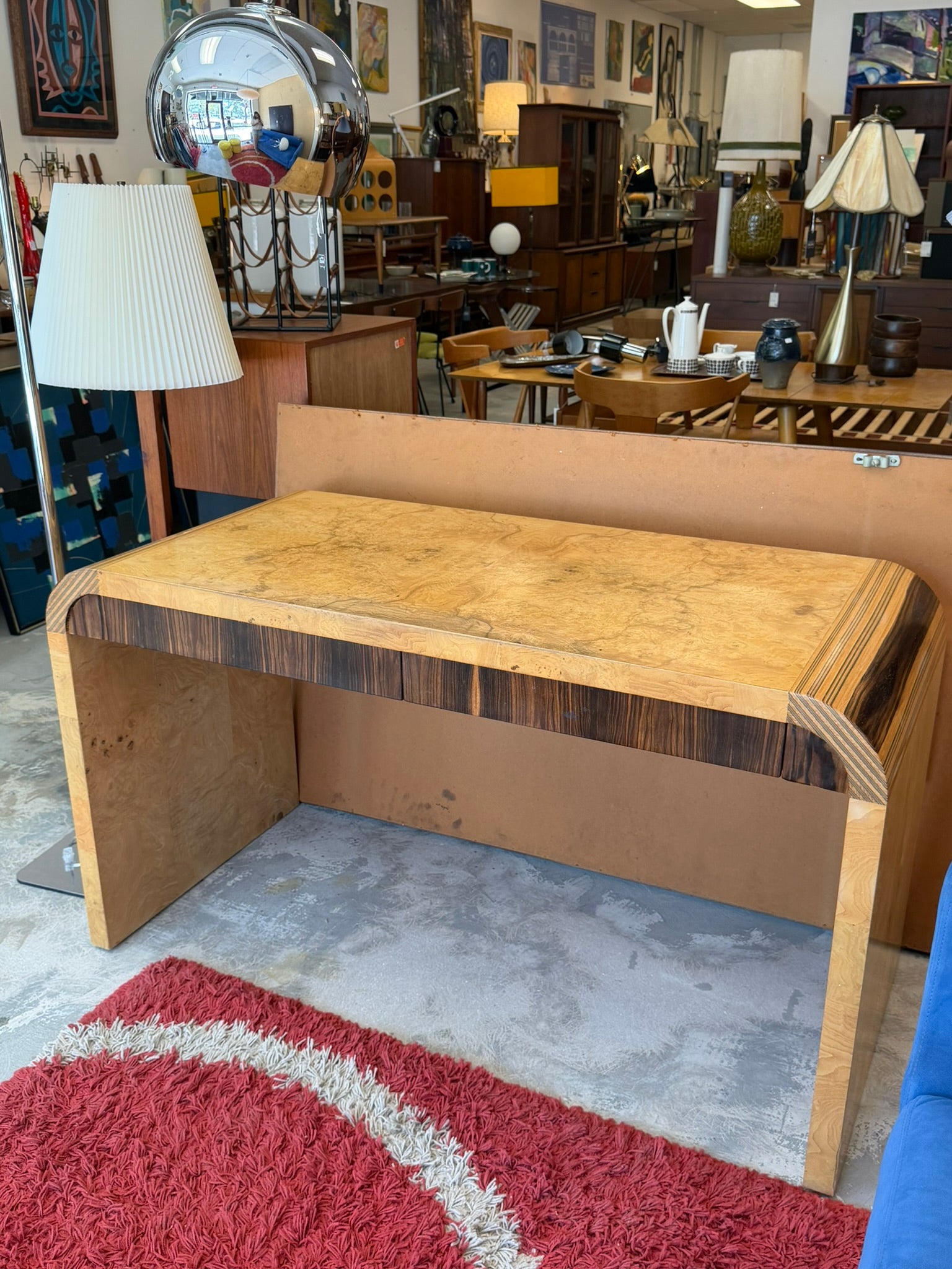 Vintage Scene Two Henredon Waterfall Desk Burl Olivewood Wood Mid Century Modern