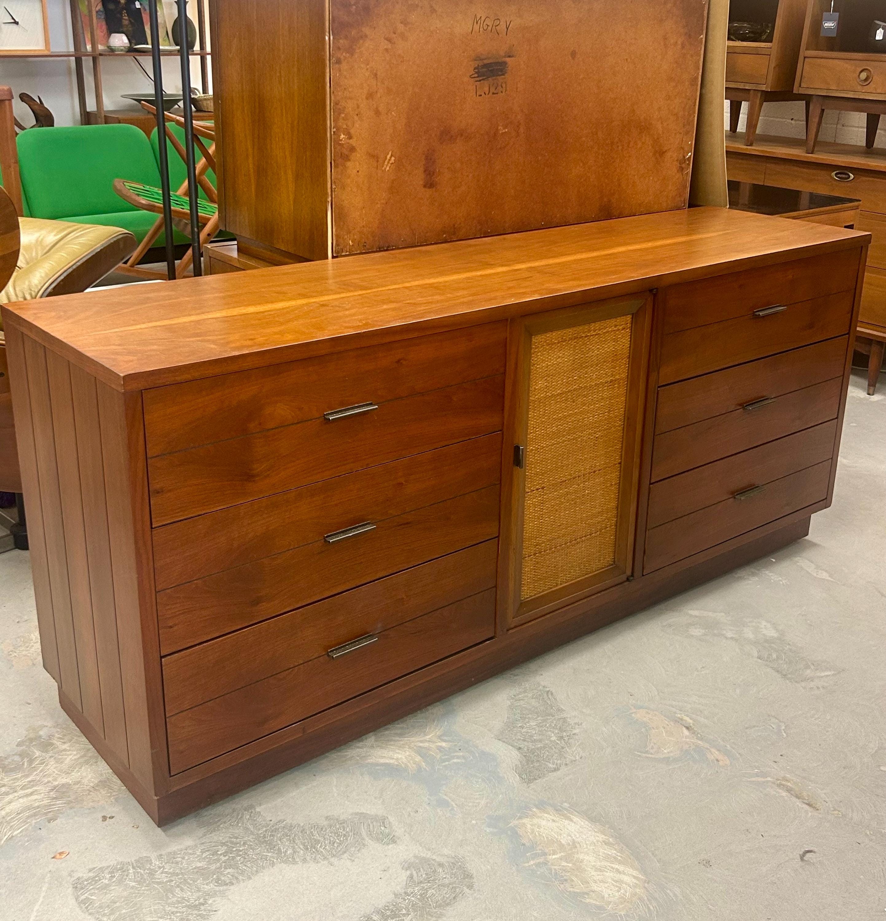 Lane Rhythm Mid Century Walnut and Cane 9 Drawer Lowboy Dresser - Vintage
