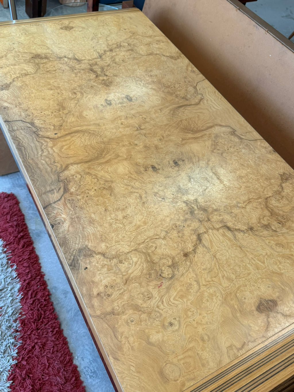 Vintage Scene Two Henredon Waterfall Desk Burl Olivewood Wood Mid Century Modern