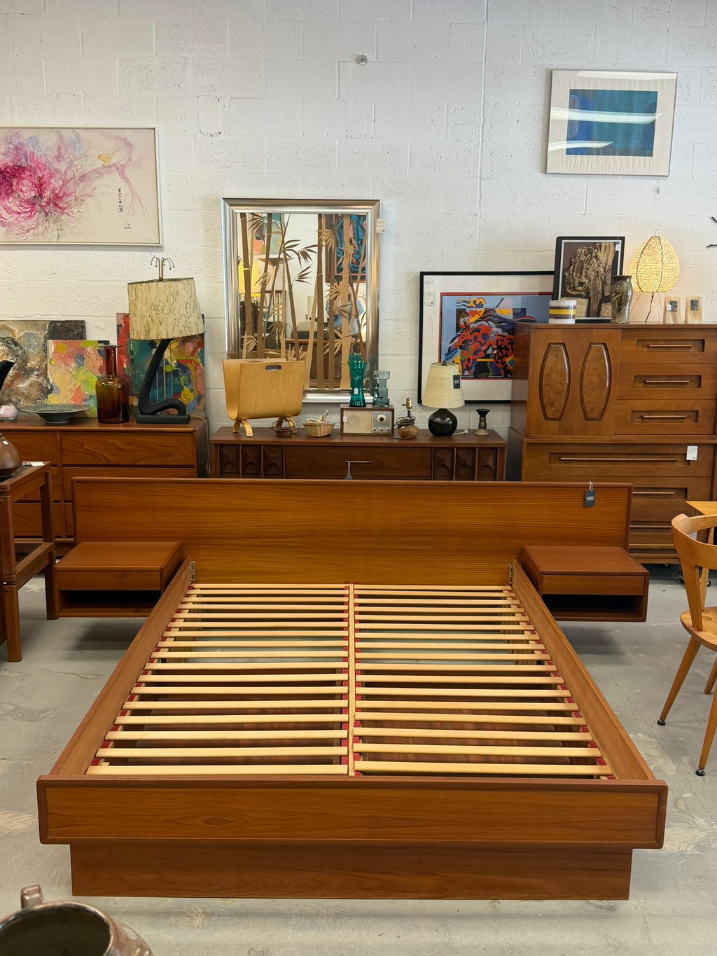 Teak Mid Century Modern Platform Queen Size Bed with Storage