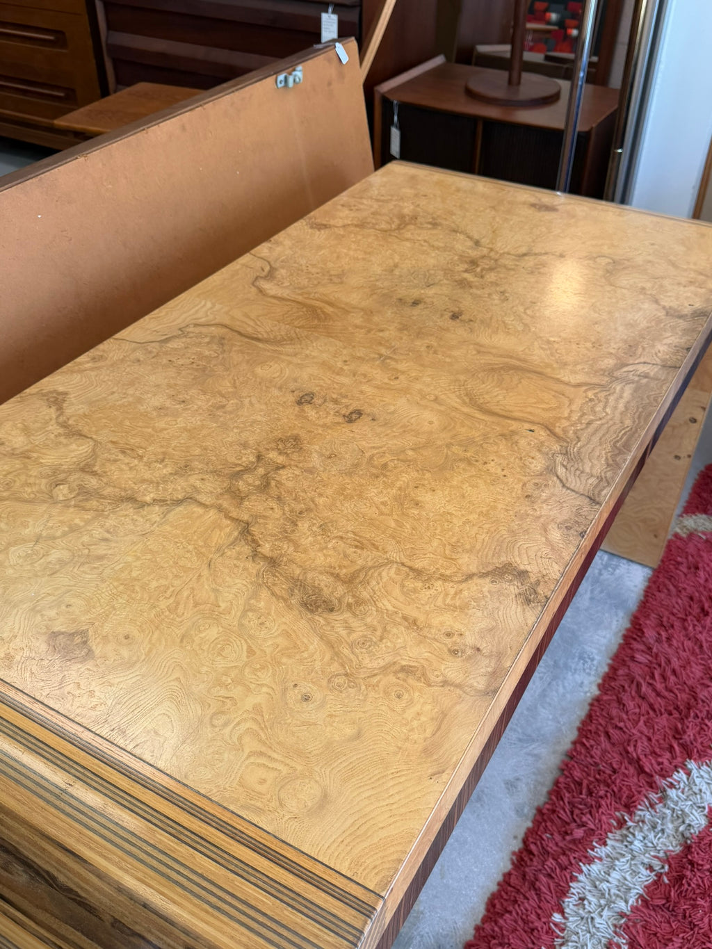 Vintage Scene Two Henredon Waterfall Desk Burl Olivewood Wood Mid Century Modern