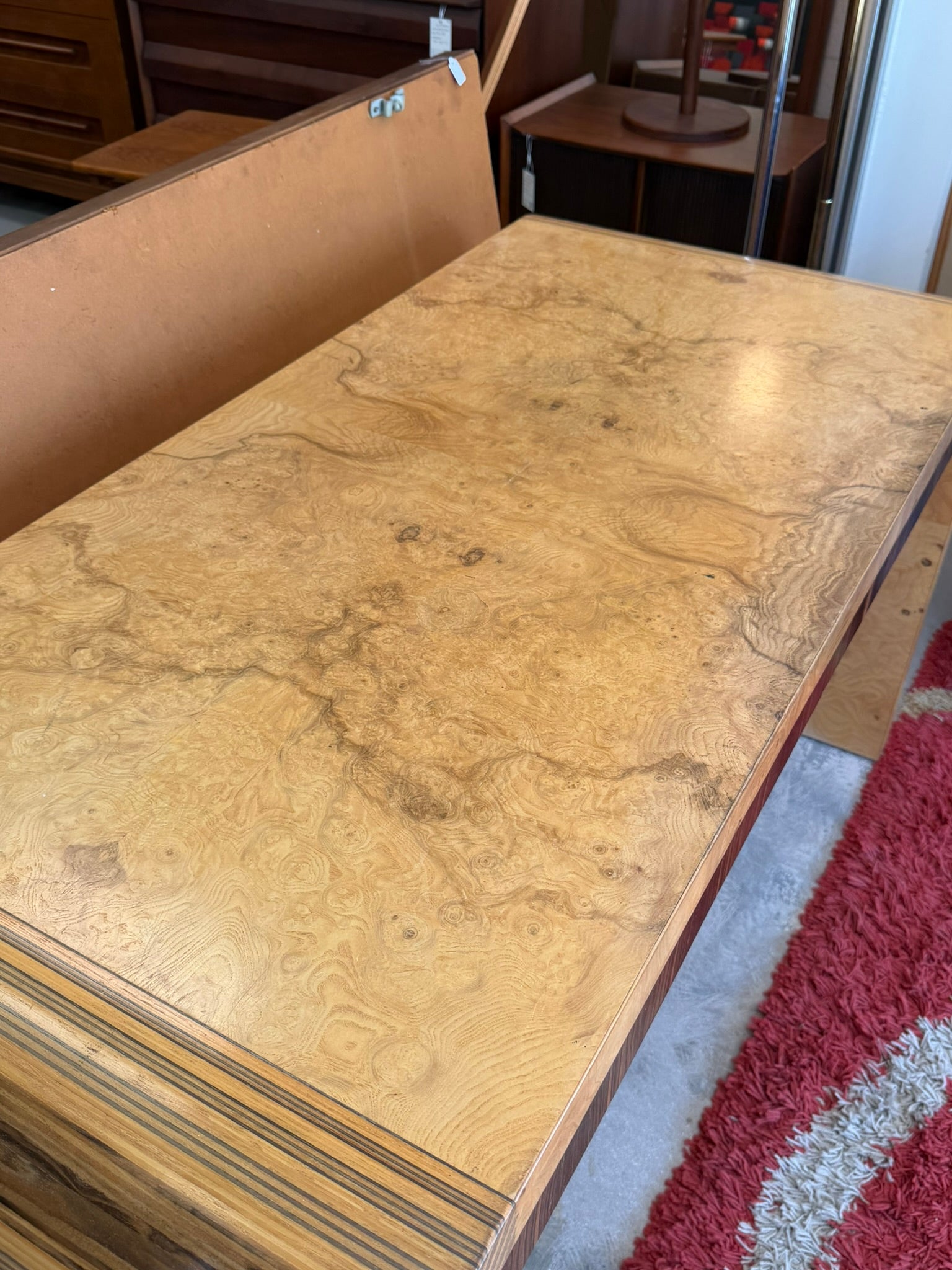 Vintage Scene Two Henredon Waterfall Desk Burl Olivewood Wood Mid Century Modern