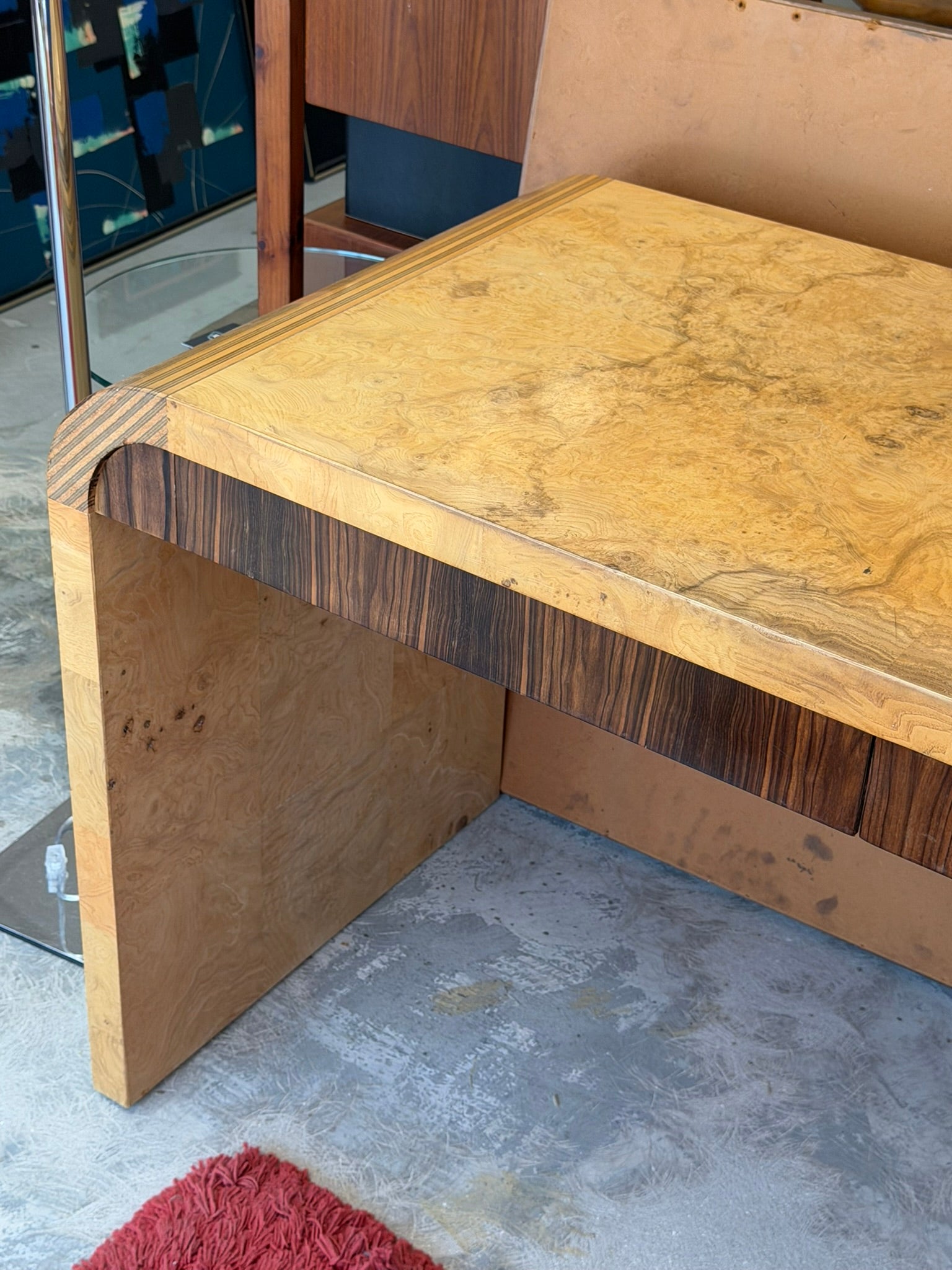 Vintage Scene Two Henredon Waterfall Desk Burl Olivewood Wood Mid Century Modern