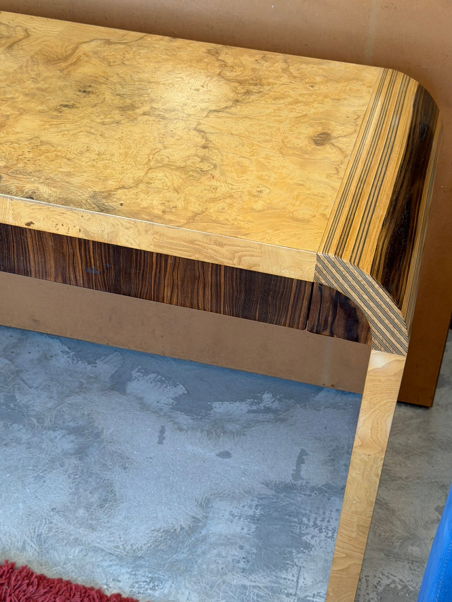 Vintage Scene Two Henredon Waterfall Desk Burl Olivewood Wood Mid Century Modern