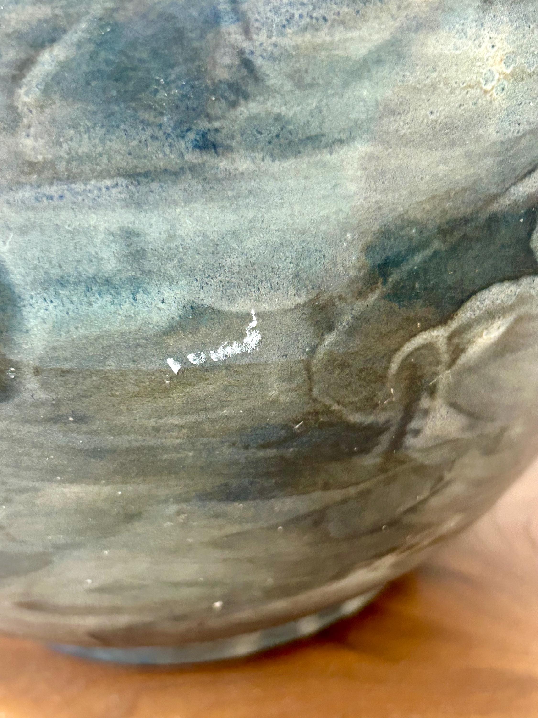 Large Gray & White Ceramic Vase Signed
