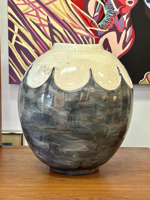 Large Gray & White Ceramic Vase Signed