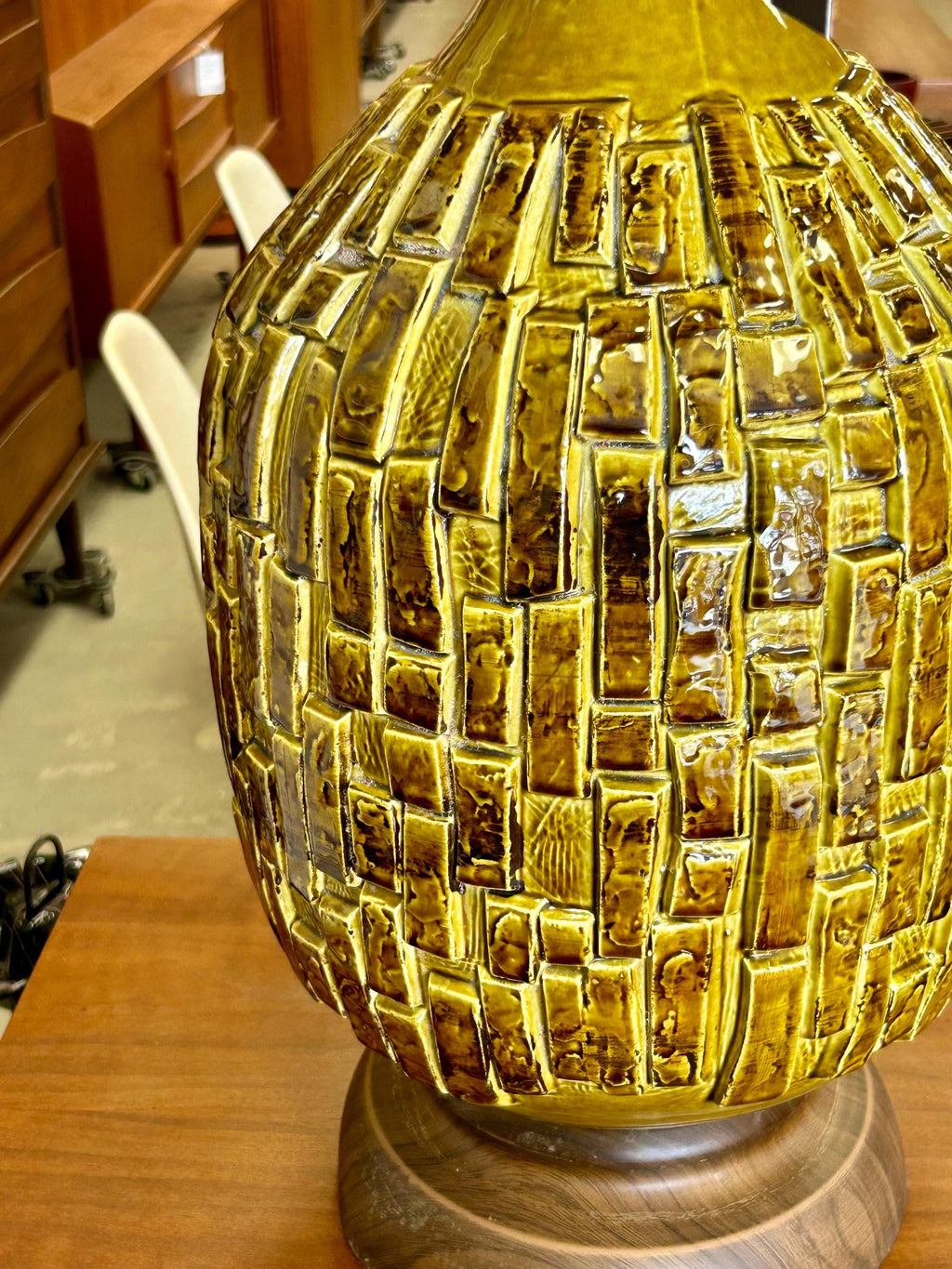 Very Large Vintage Mid Century Modern Ceramic Brutalist Green Table Lamp
