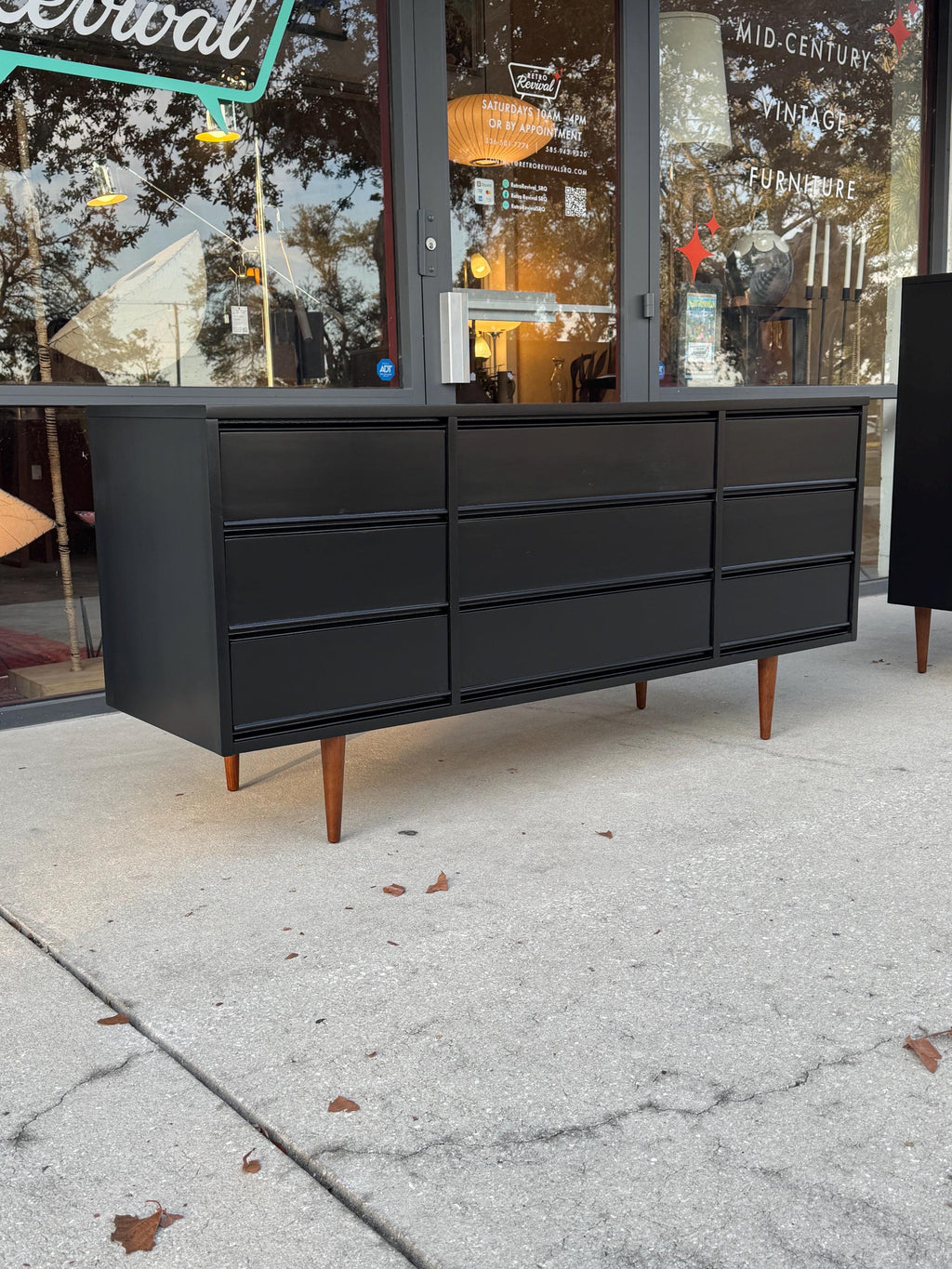 Vintage Mid Century Modern Black Lacquer Refinished Dixie Lowboy Highboy Dresser Set