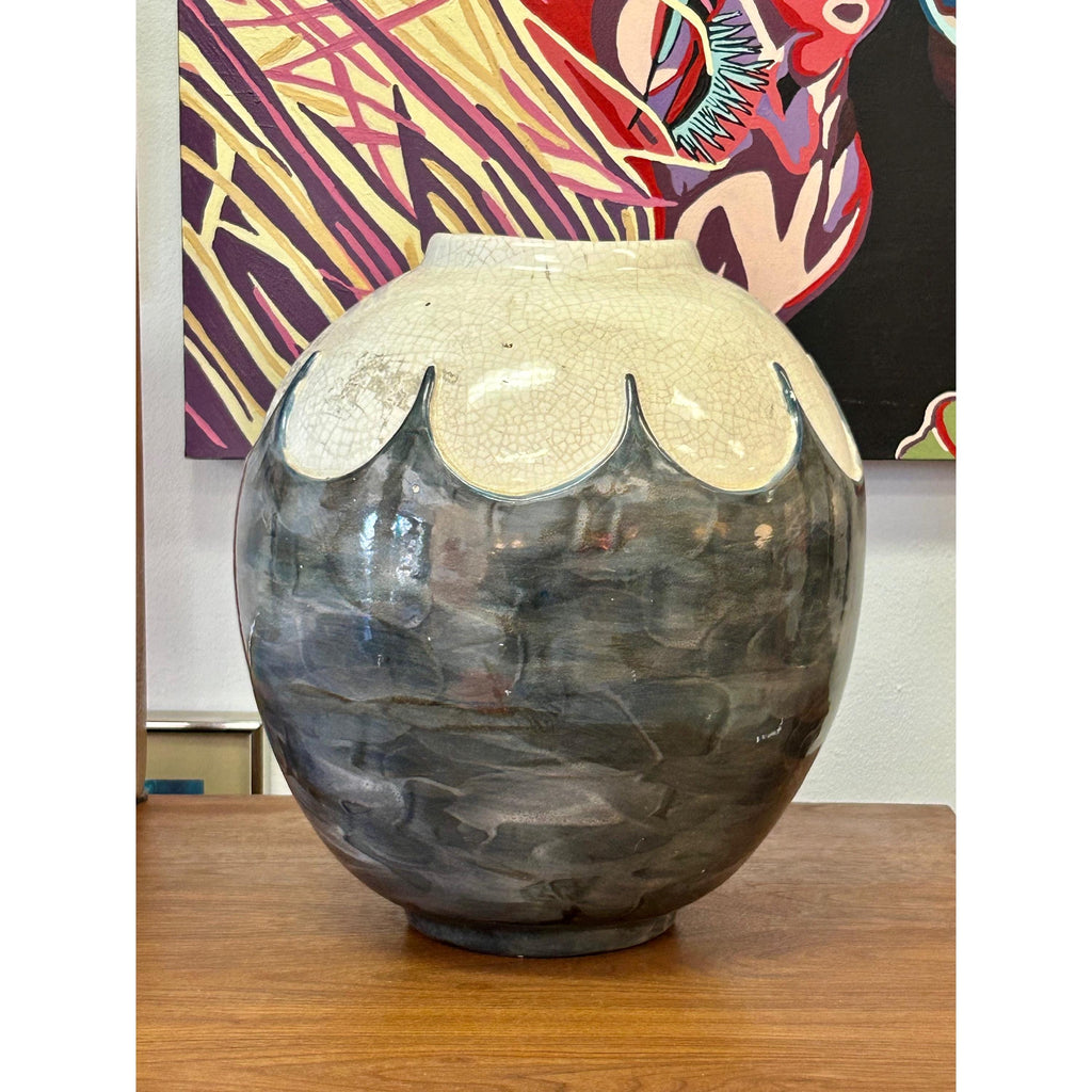 Large Gray & White Ceramic Vase Signed