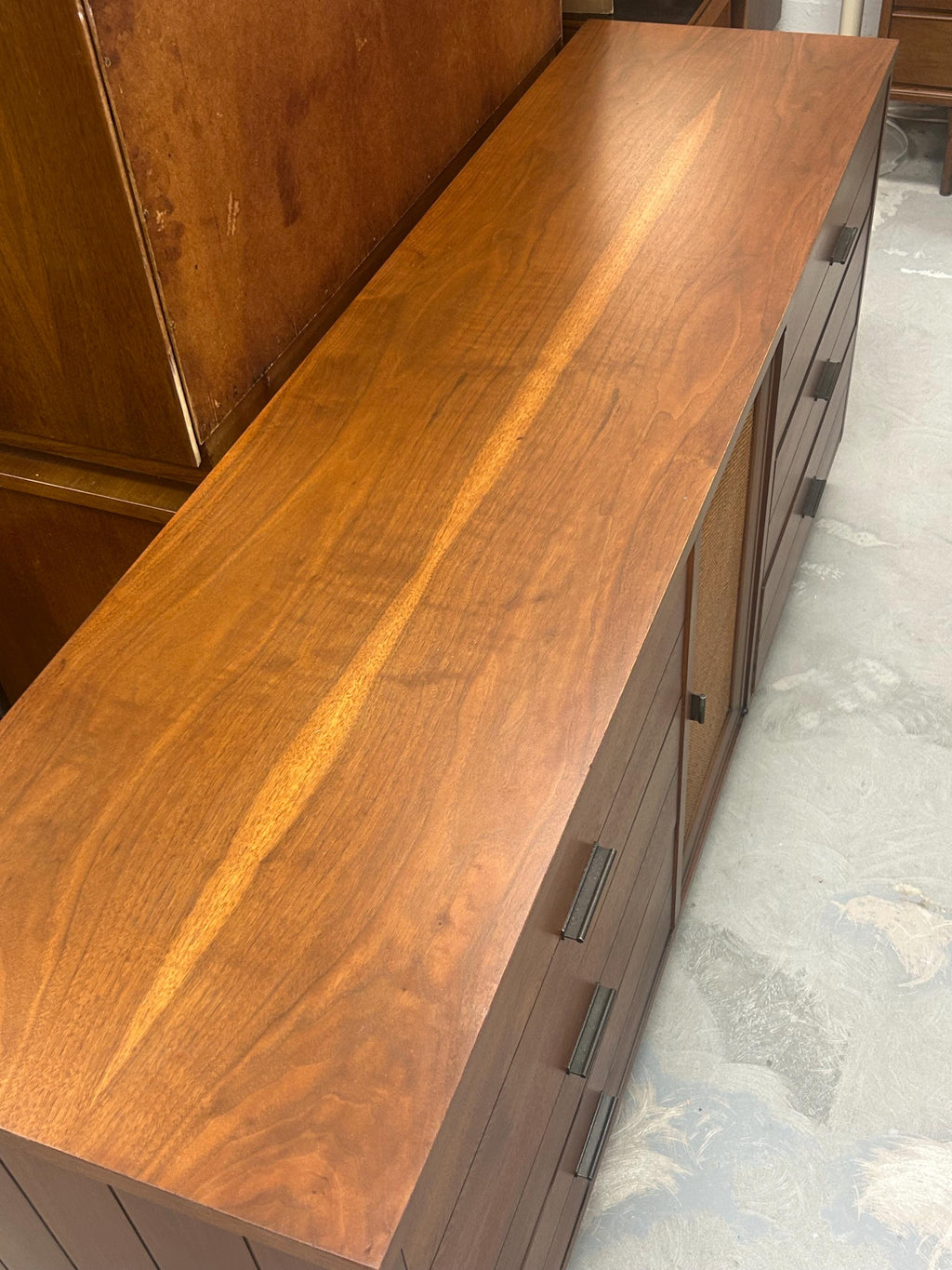 Lane Rhythm Mid Century Walnut and Cane 9 Drawer Lowboy Dresser - Vintage