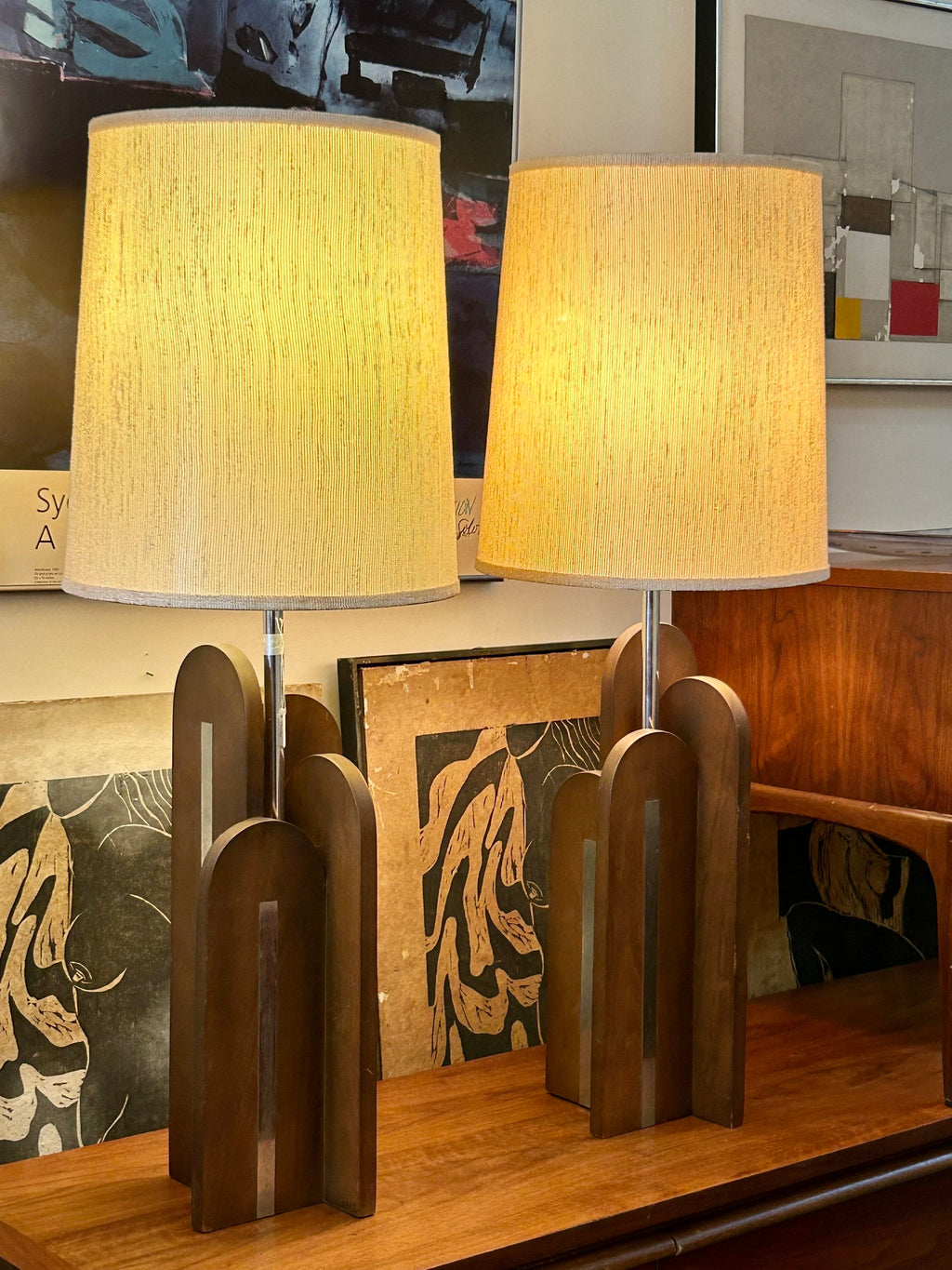 Pair of Mid Century Modern Walnut & Chrome Table Lamps