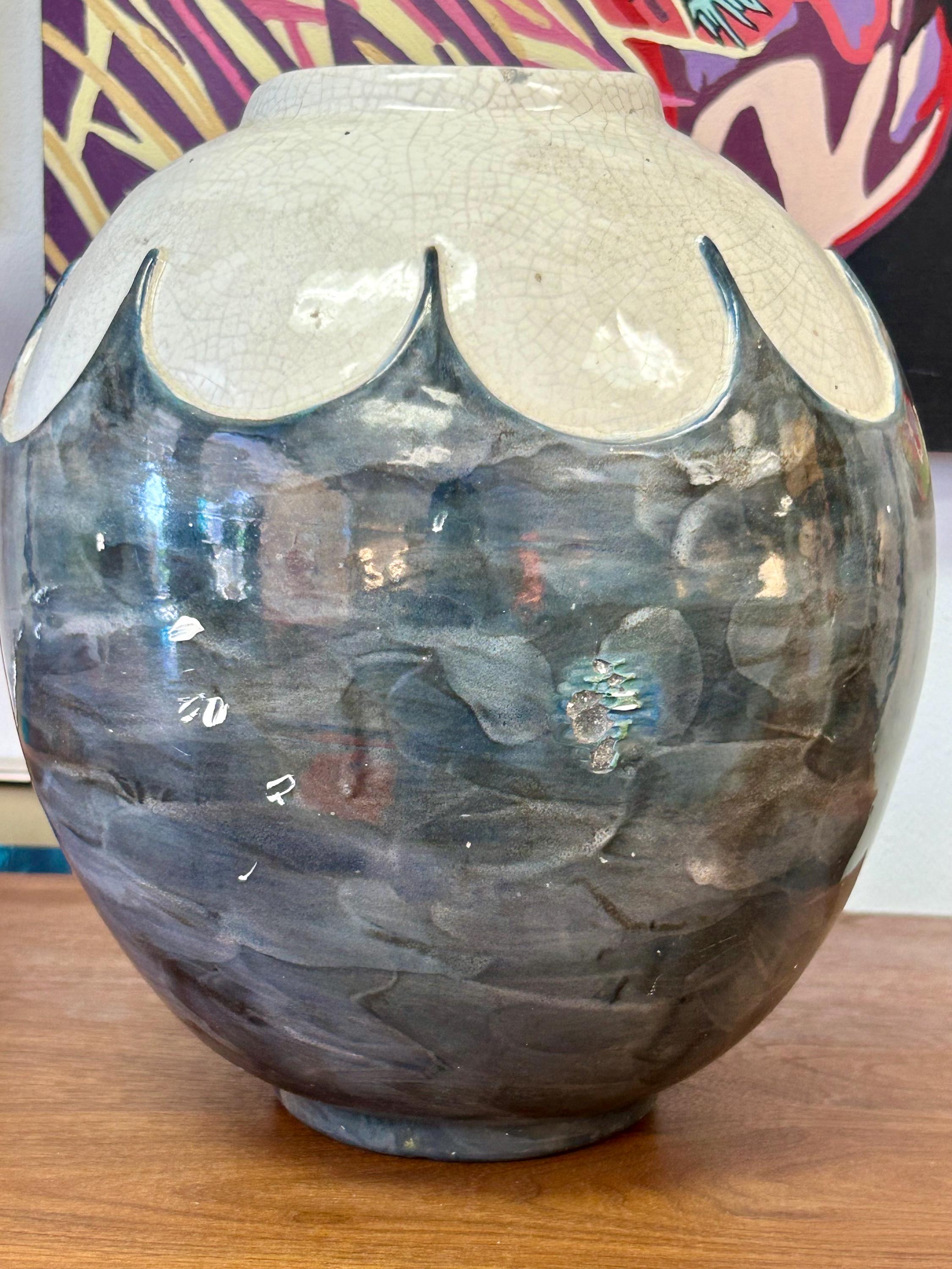Large Gray & White Ceramic Vase Signed