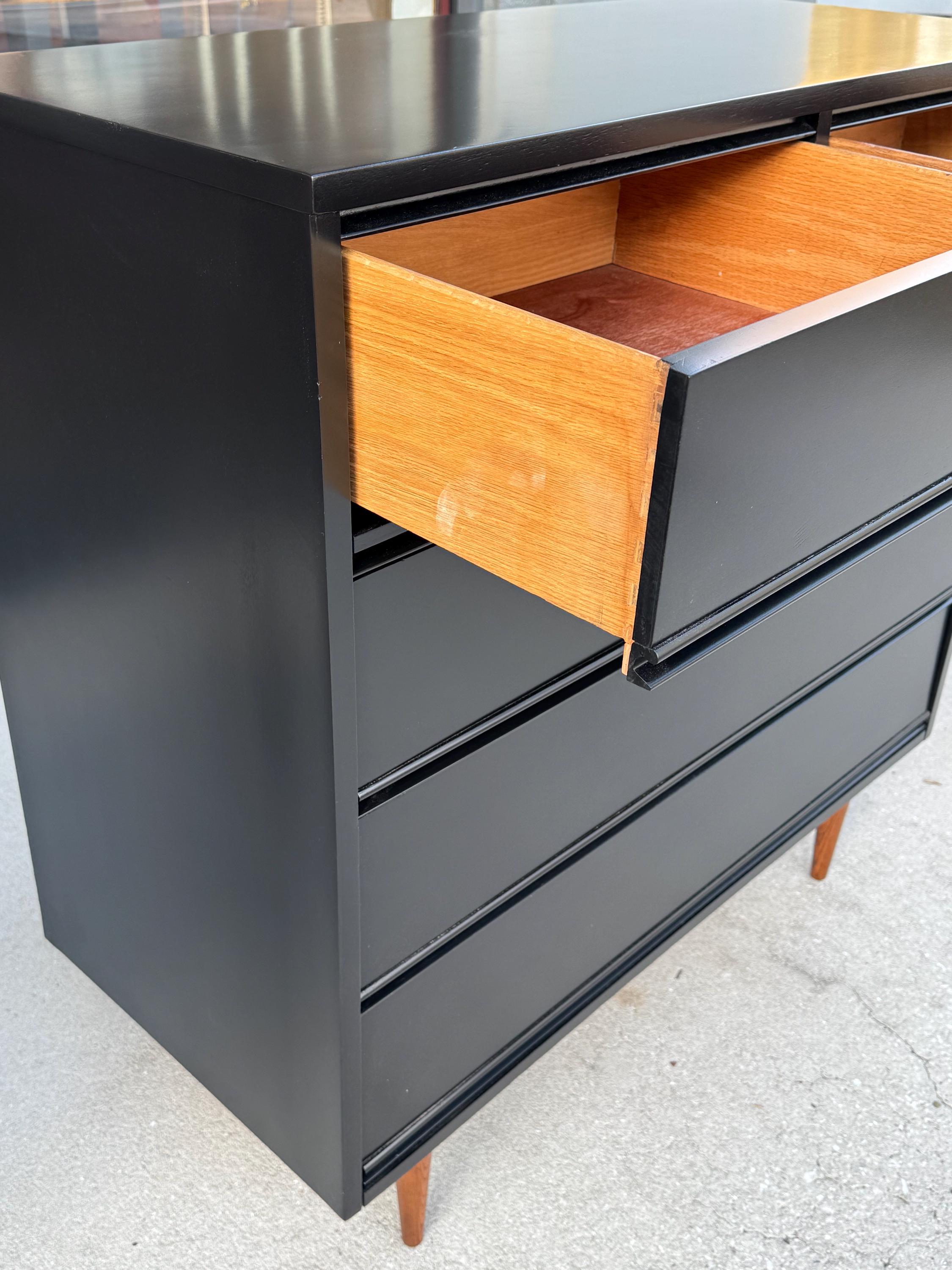 Vintage Mid Century Modern Black Lacquer Refinished Dixie Lowboy Highboy Dresser Set