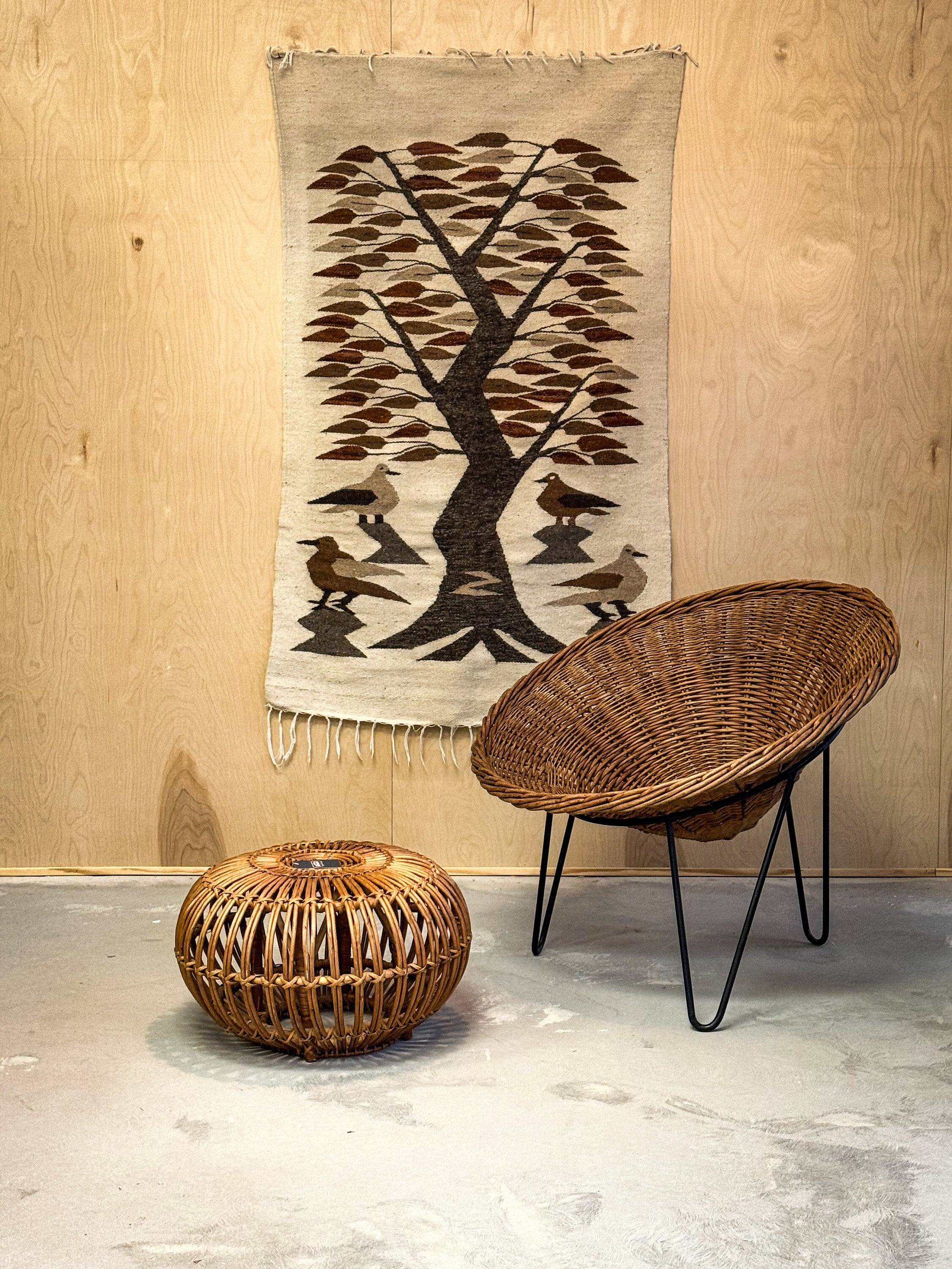 Vintage Woven Wall Hanging Or Rug With Bird And Tree Design - MCM - Mid Century Modern