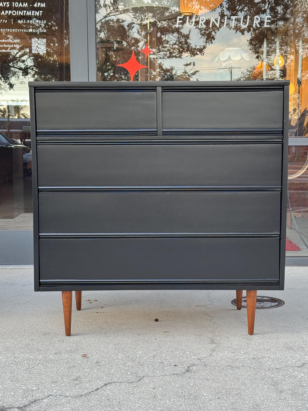 Vintage Mid Century Modern Black Lacquer Refinished Dixie Lowboy Highboy Dresser Set
