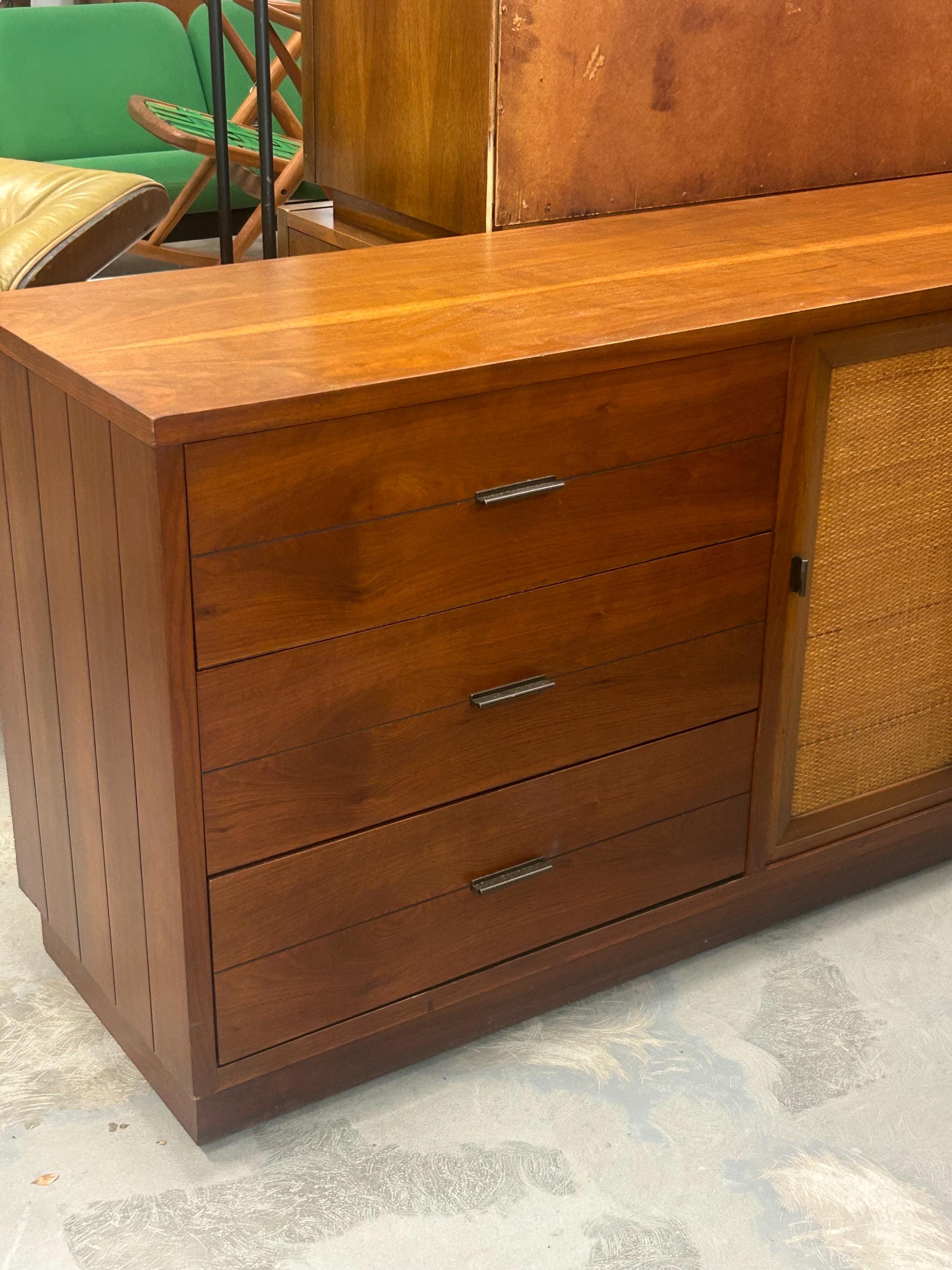 Lane Rhythm Mid Century Walnut and Cane 9 Drawer Lowboy Dresser - Vintage