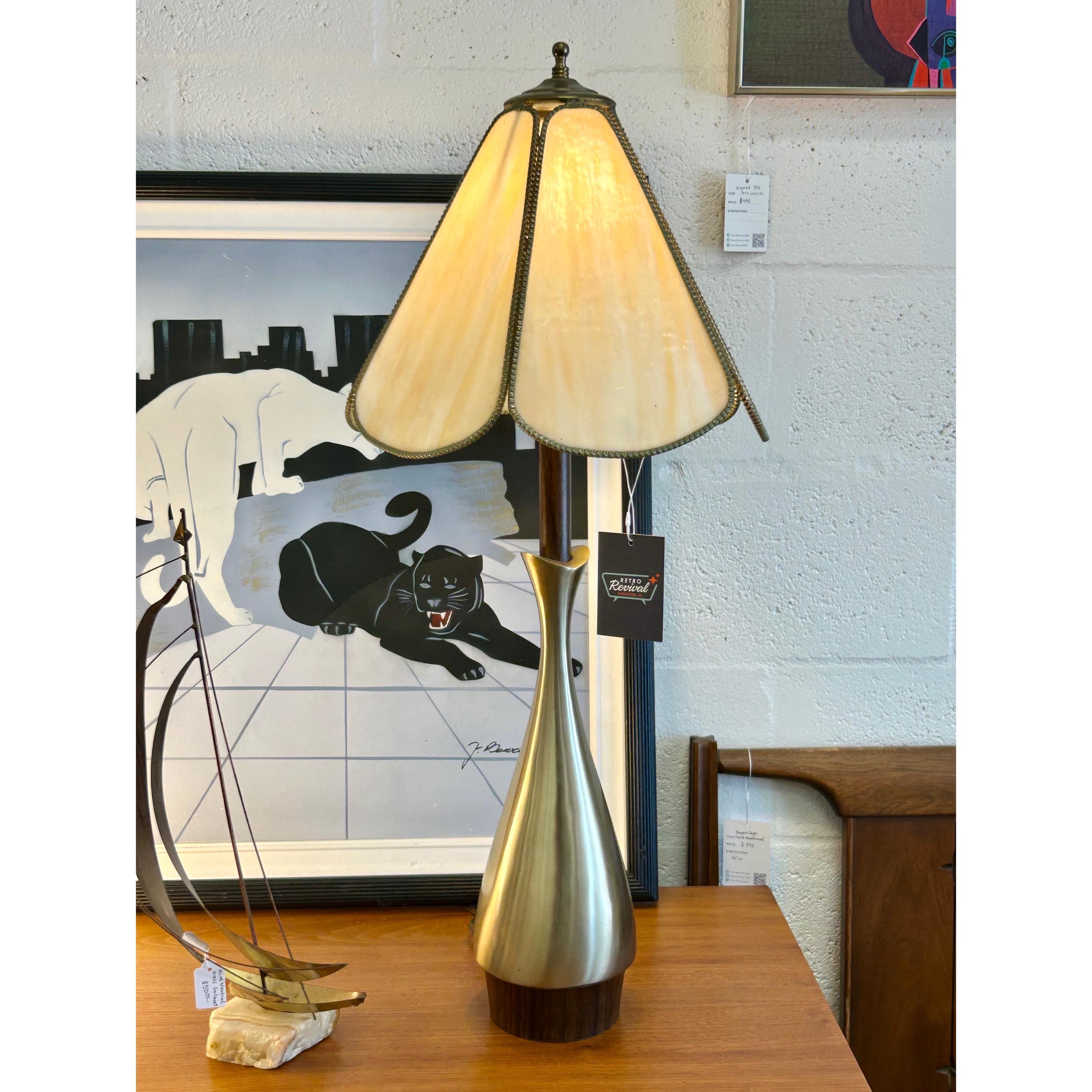 Vintage Laurel for Tony Paul Brass & Wood Table Lamp with Glass Slag Shade - Mid Century Modern