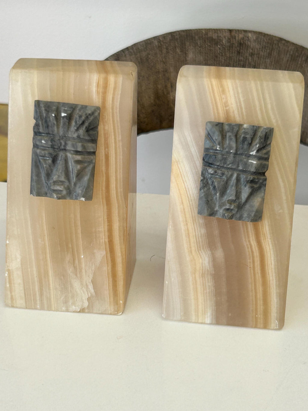 Vintage White Oynx Aztec Bookends