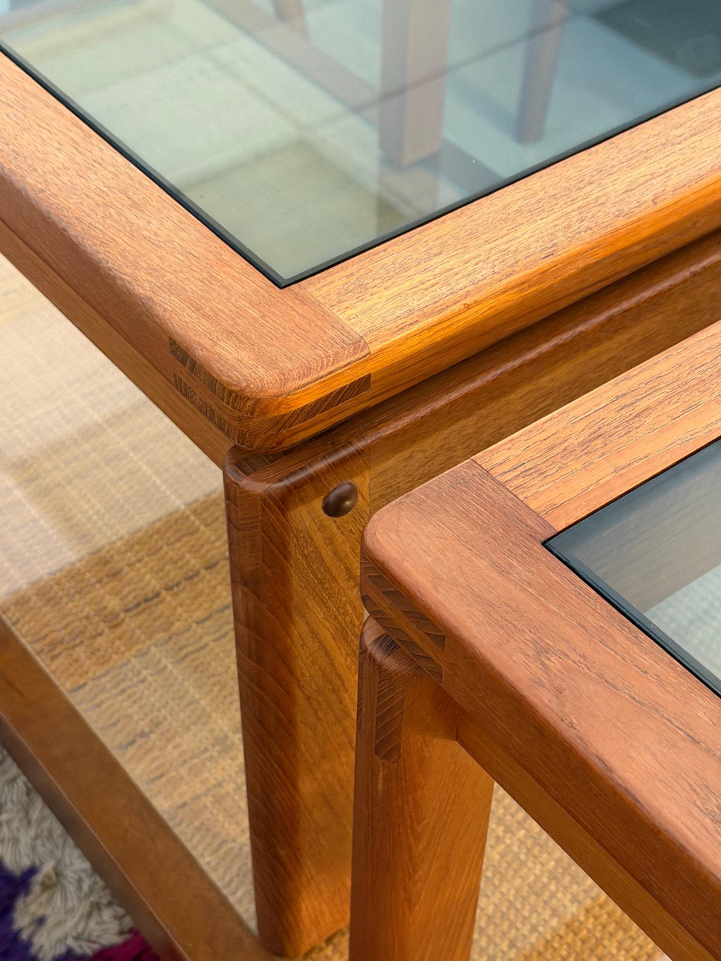 Vintage Pair of Danish Modern 1970s Teak Side Tables With Smoked Glass Tops