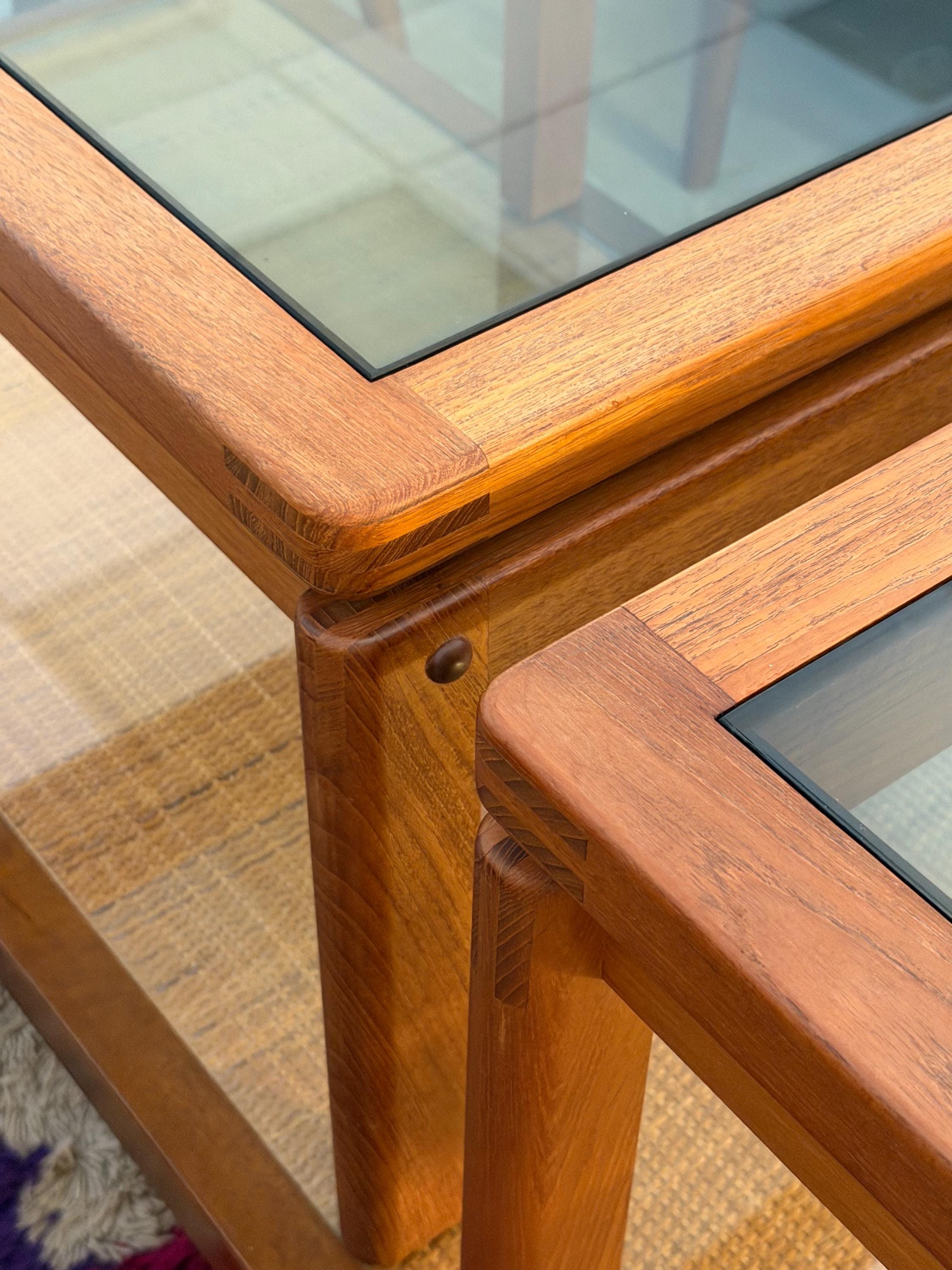 Vintage Pair of Danish Modern 1970s Teak Side Tables With Smoked Glass Tops