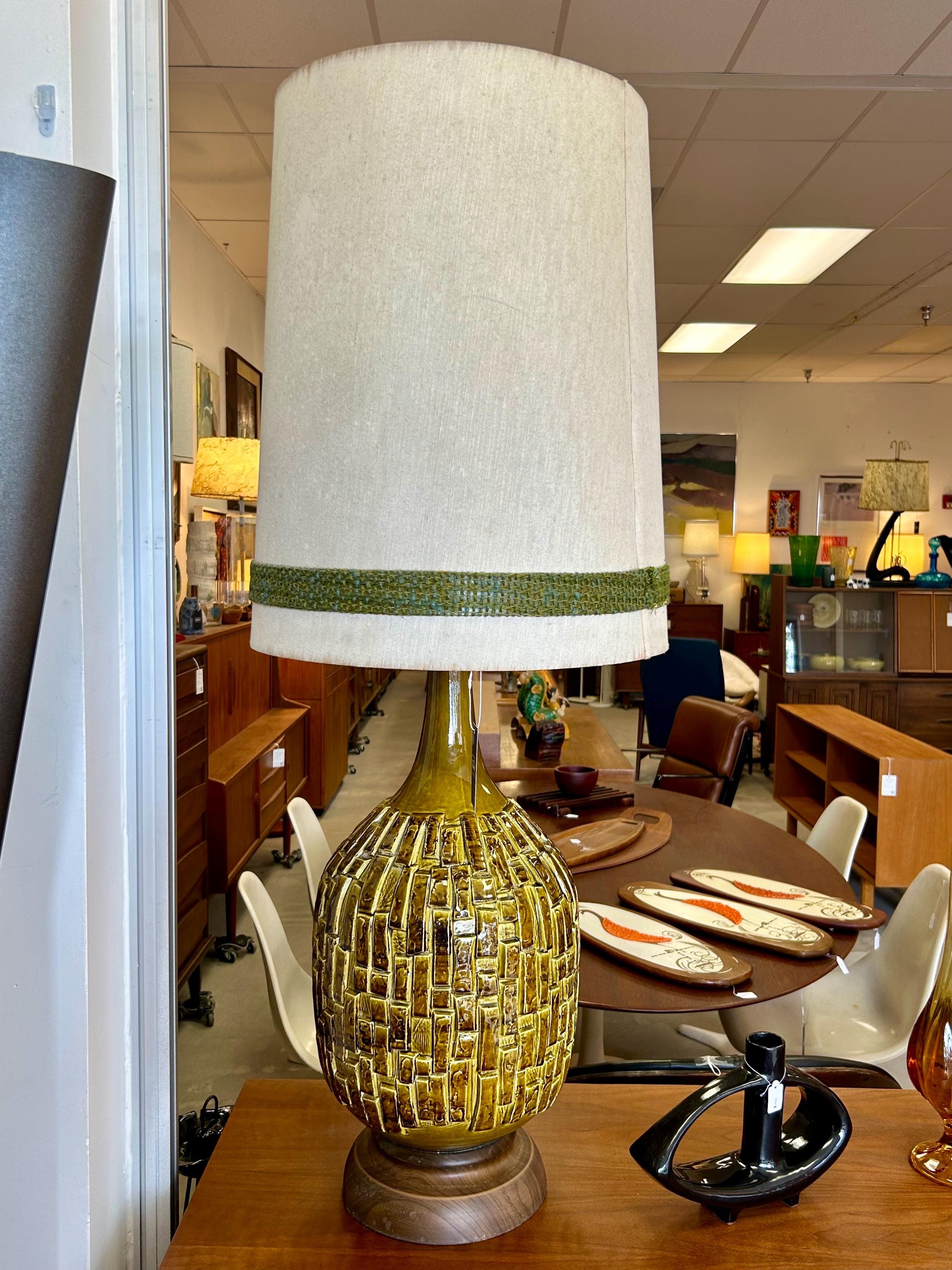 Very Large Vintage Mid Century Modern Ceramic Brutalist Green Table Lamp